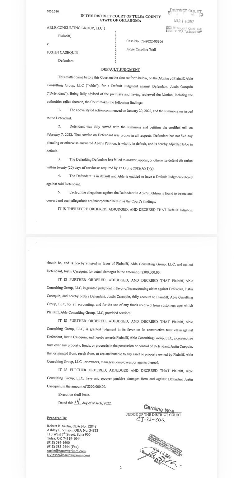 Court-stamped default judgment in Able Consulting Group LLC v Justin Casequin, Tulsa County, Oklahoma