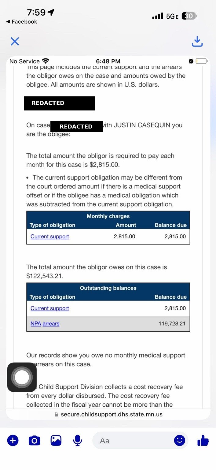 Redacted Minnesota Child Support Online account screenshot identifying Justin Casequin as obligor and showing $122,543.21 total amount owed, including $119,728.21 NPA arrears and $2,815 current monthly support
