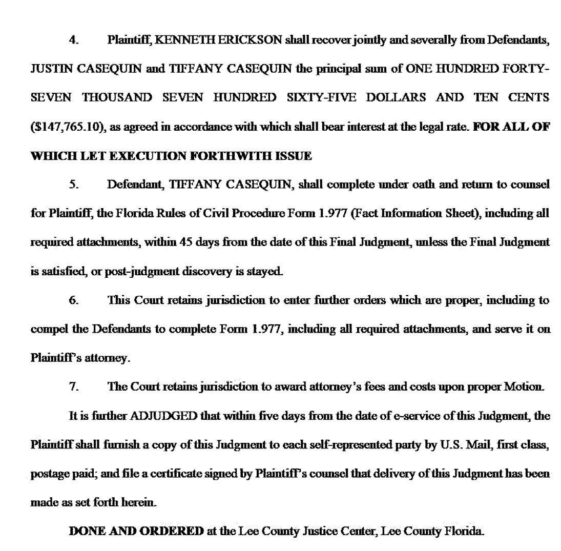 Lee County Consent Final Judgment excerpt showing $147,765.10 jointly and severally against Justin Casequin and Tiffany Casequin